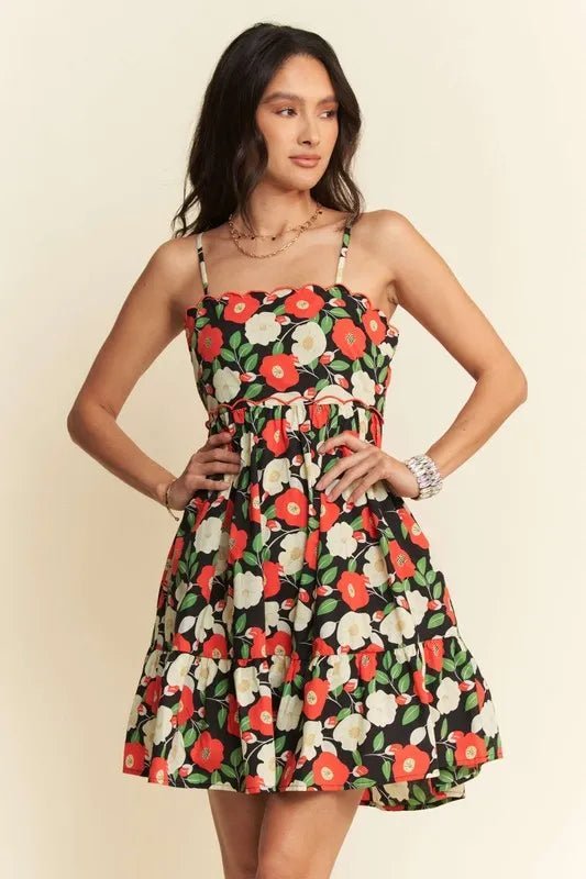 Davi & Dani Floral Scalloped Cutout Back Mini Dress - Dress - Lanamoore