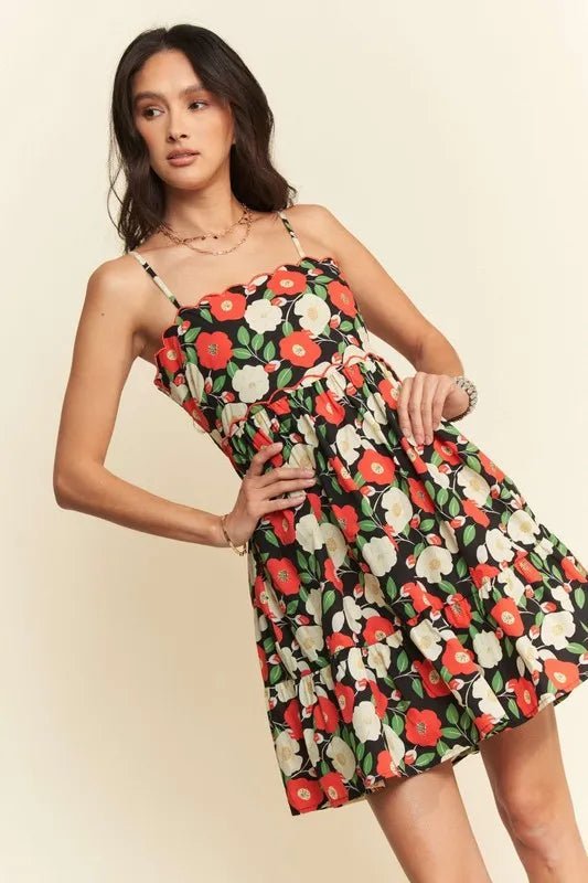 Davi & Dani Floral Scalloped Cutout Back Mini Dress - Dress - Lanamoore