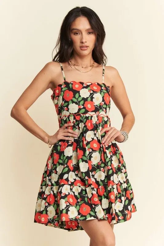 Davi & Dani Floral Scalloped Cutout Back Mini Dress - Dress - Lanamoore