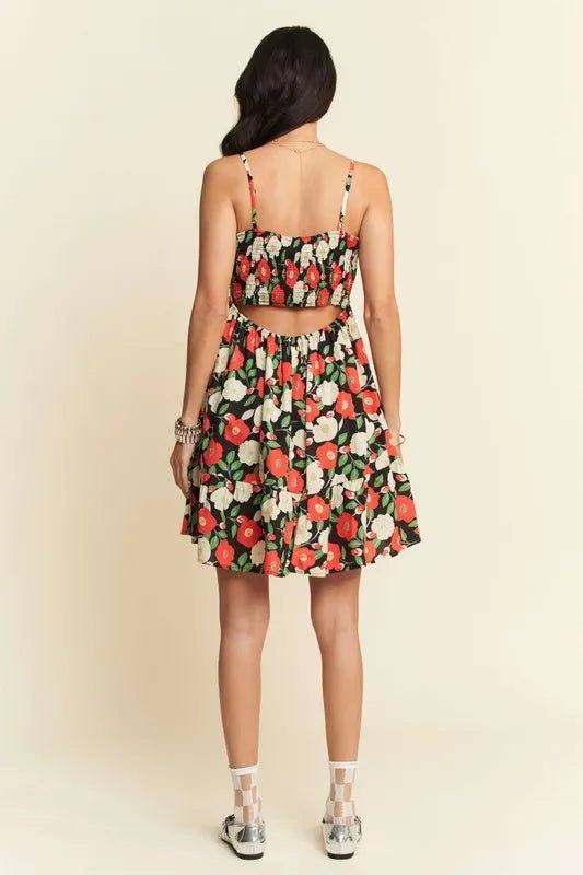 Davi & Dani Floral Scalloped Cutout Back Mini Dress - Dress - Lanamoore