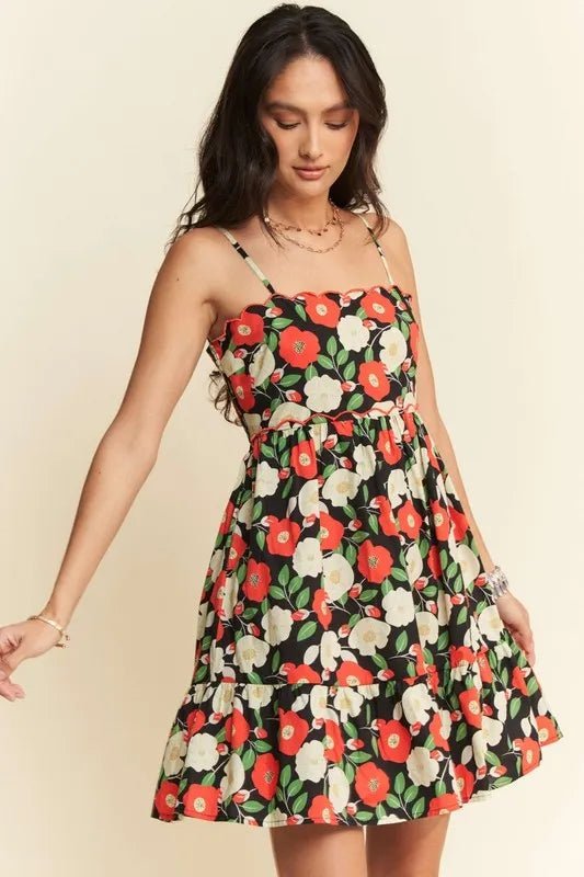 Davi & Dani Floral Scalloped Cutout Back Mini Dress - Dress - Lanamoore