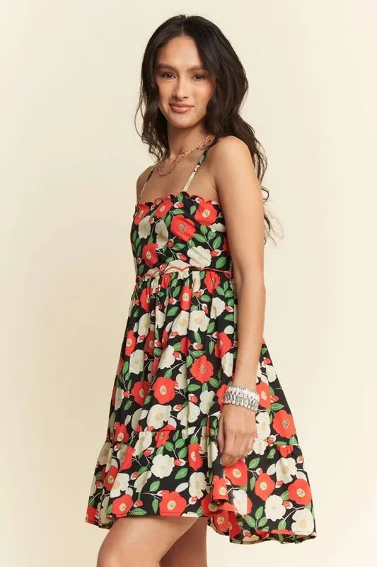 Davi & Dani Floral Scalloped Cutout Back Mini Dress - Dress - Lanamoore
