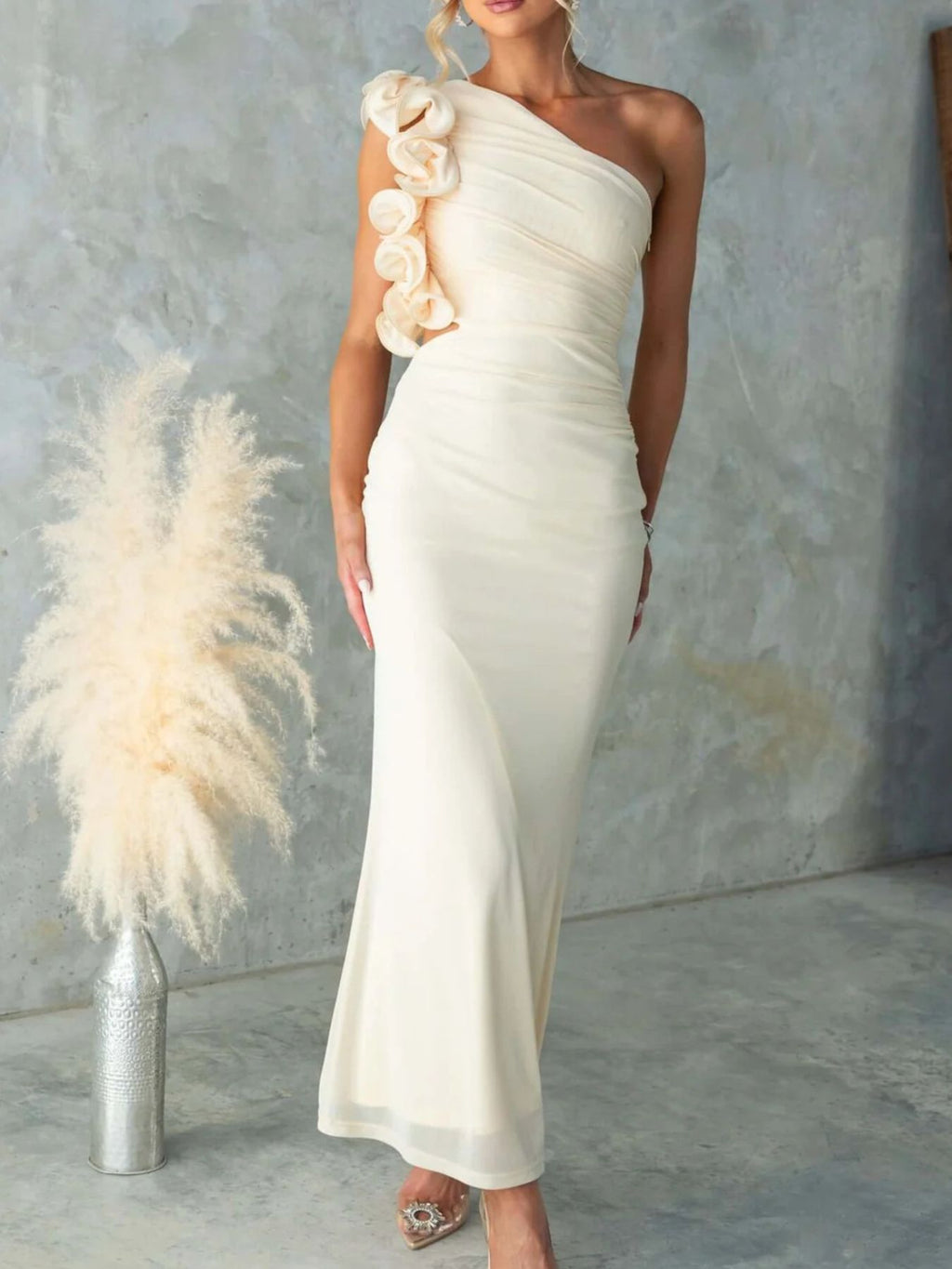 One-Shoulder Floral Trim Sleeveless Maxi Dress-Dress-Lanamoore