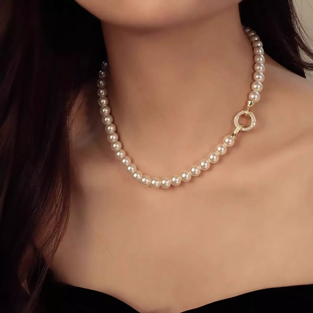 Pearl Necklace with Interlocking Clasp-Jewelry & Accessories - Fine Jewelry - Earrings-Lanamoore
