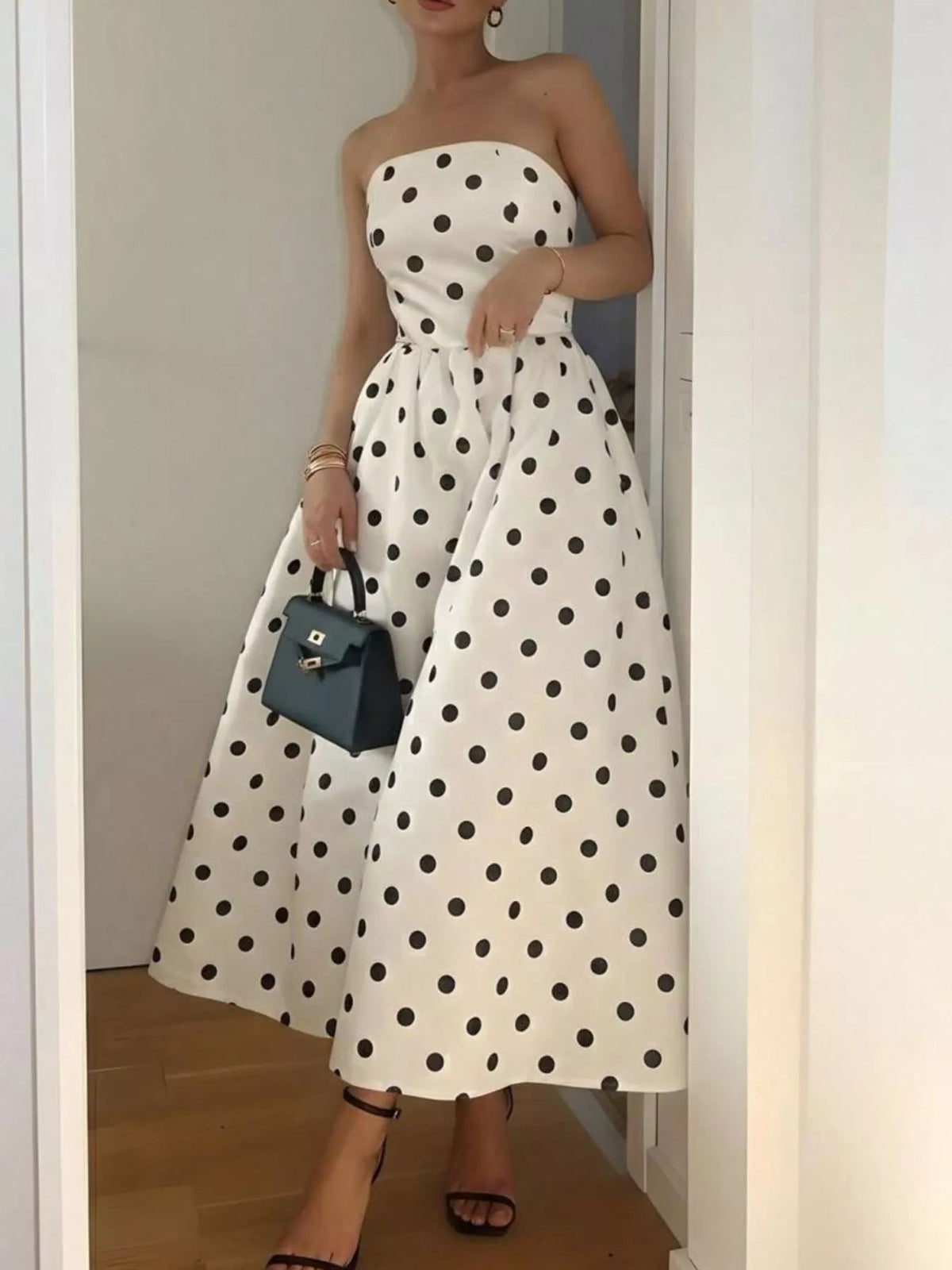 Polka Dot Strapless Midi Dress-Dress-Lanamoore
