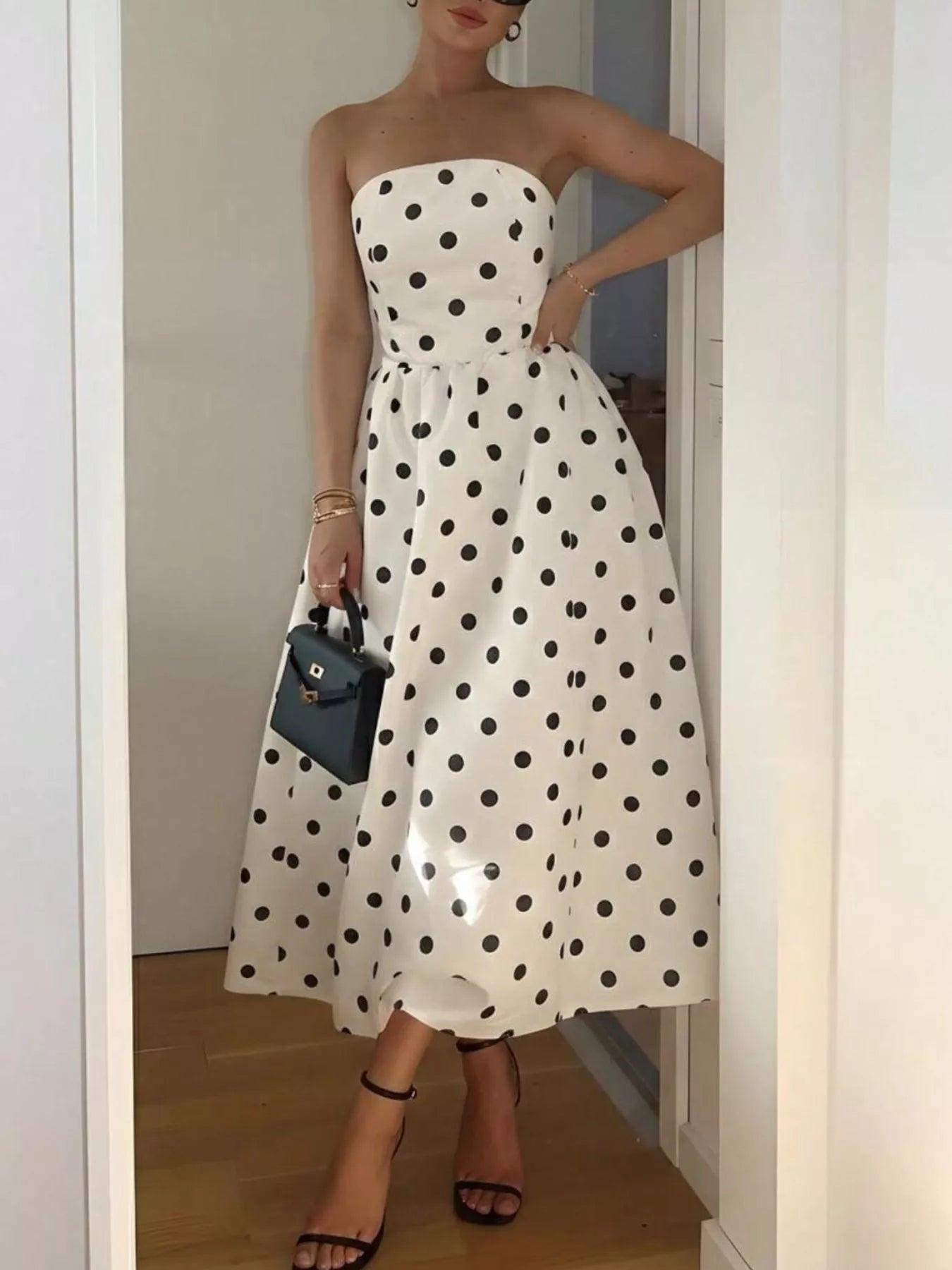 Polka Dot Strapless Midi Dress-Dress-Lanamoore