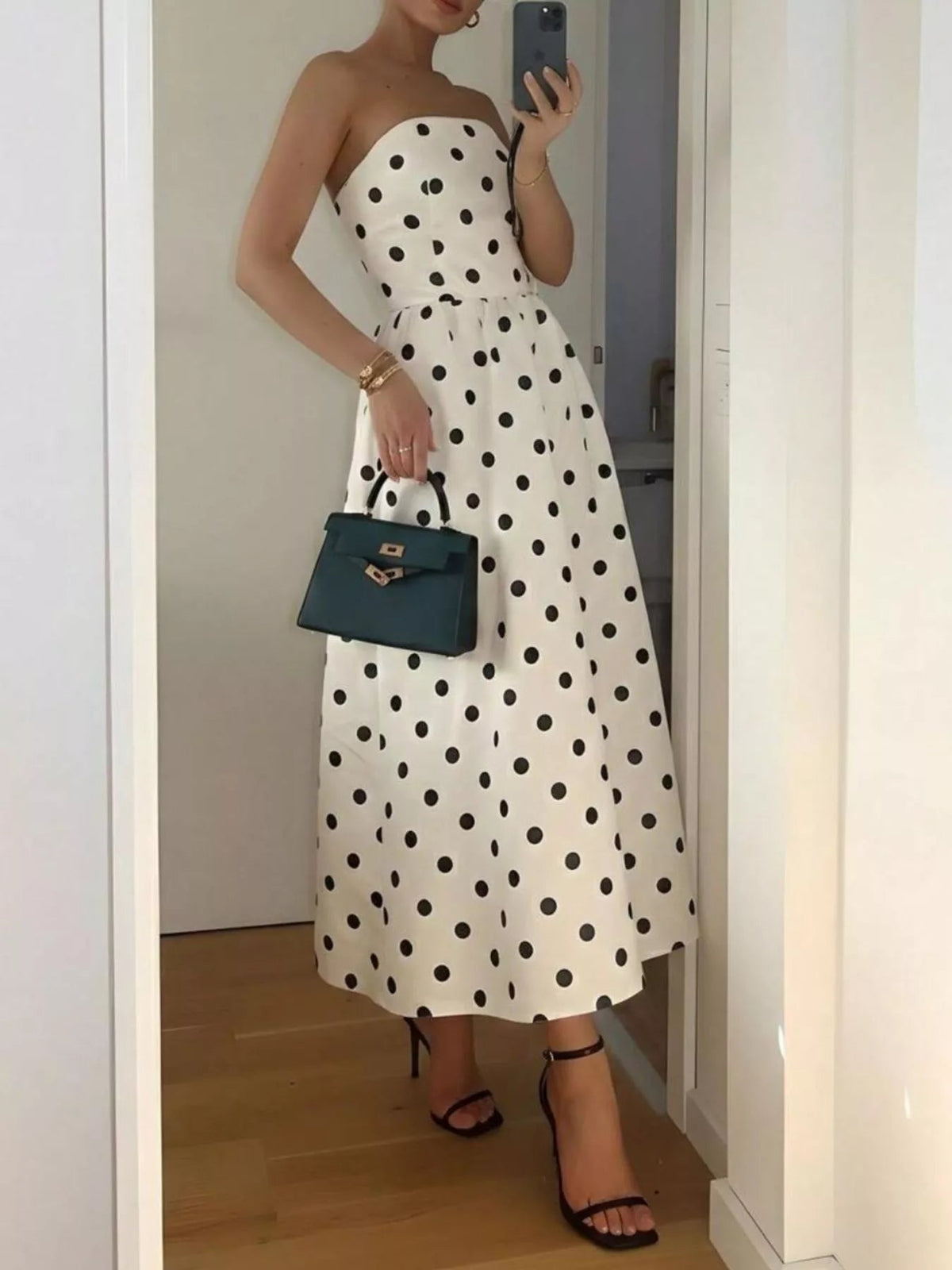 Polka Dot Strapless Midi Dress-Dress-Lanamoore