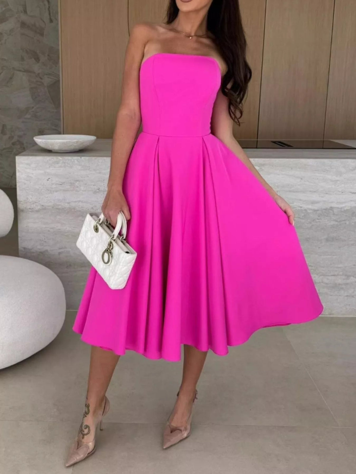 Strapless Ruched A-Line Midi Dress-Dress-Lanamoore