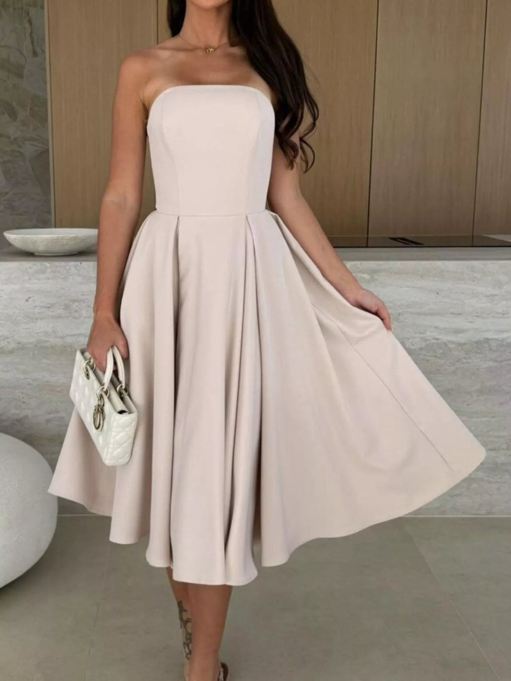 Strapless Ruched A-Line Midi Dress-Dress-Lanamoore