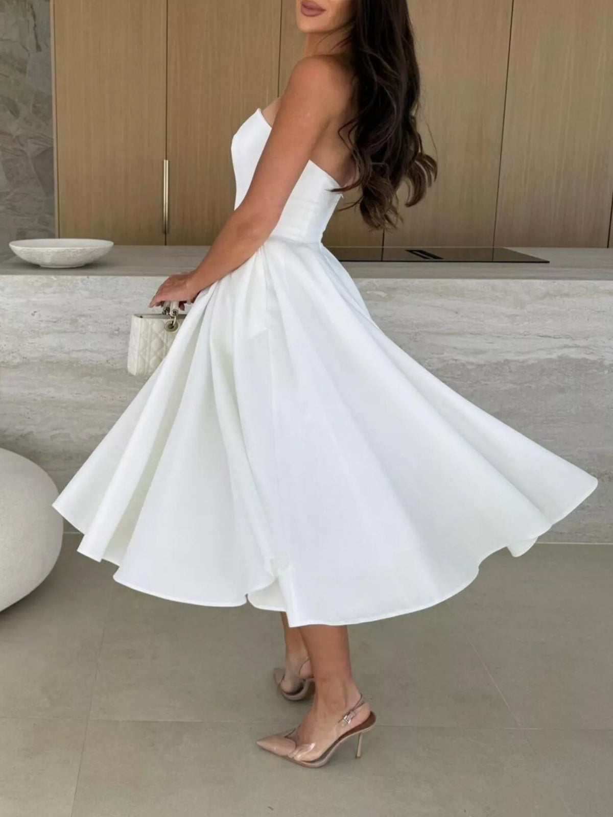 Strapless Ruched A-Line Midi Dress-Dress-Lanamoore