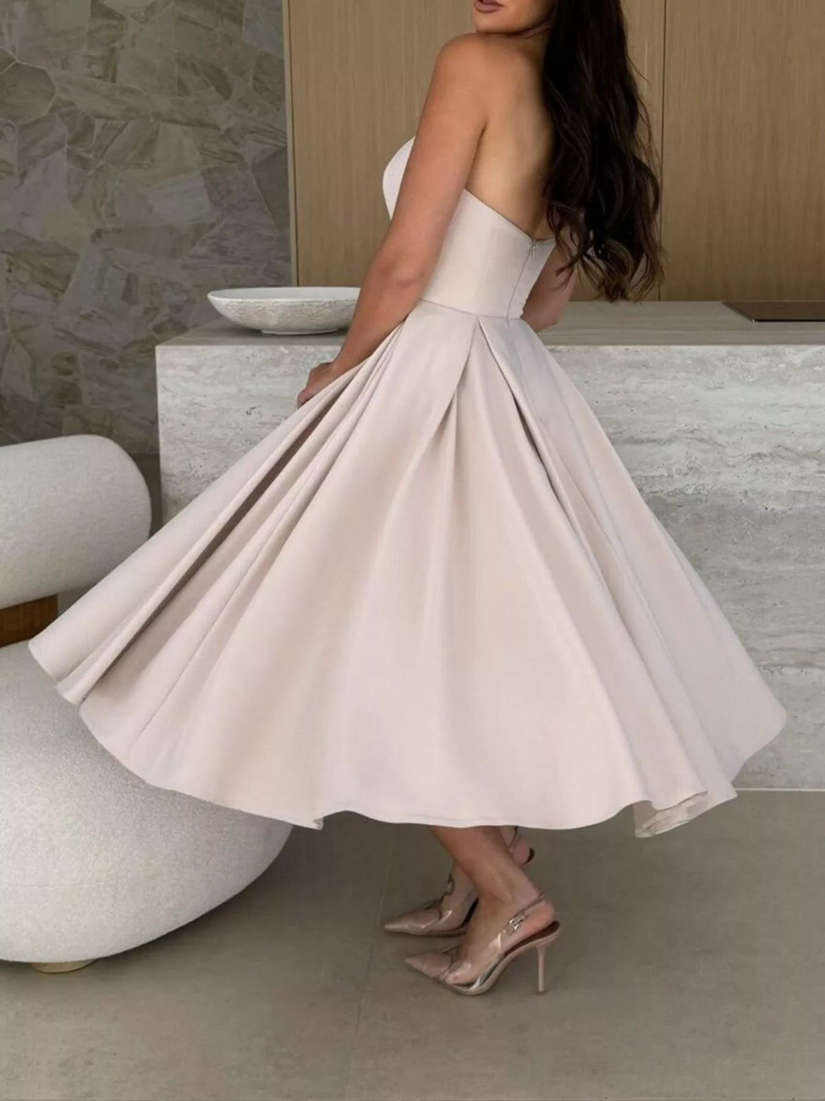 Strapless Ruched A-Line Midi Dress-Dress-Lanamoore