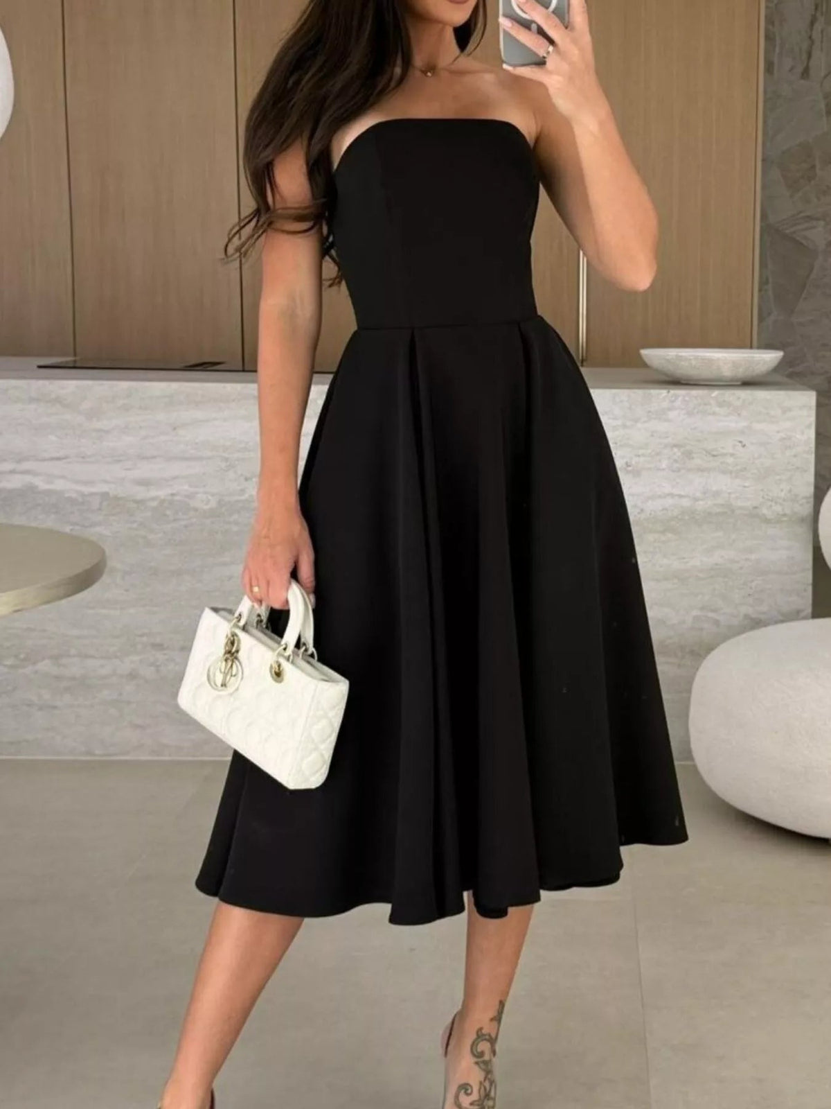 Strapless Ruched A-Line Midi Dress-Dress-Lanamoore