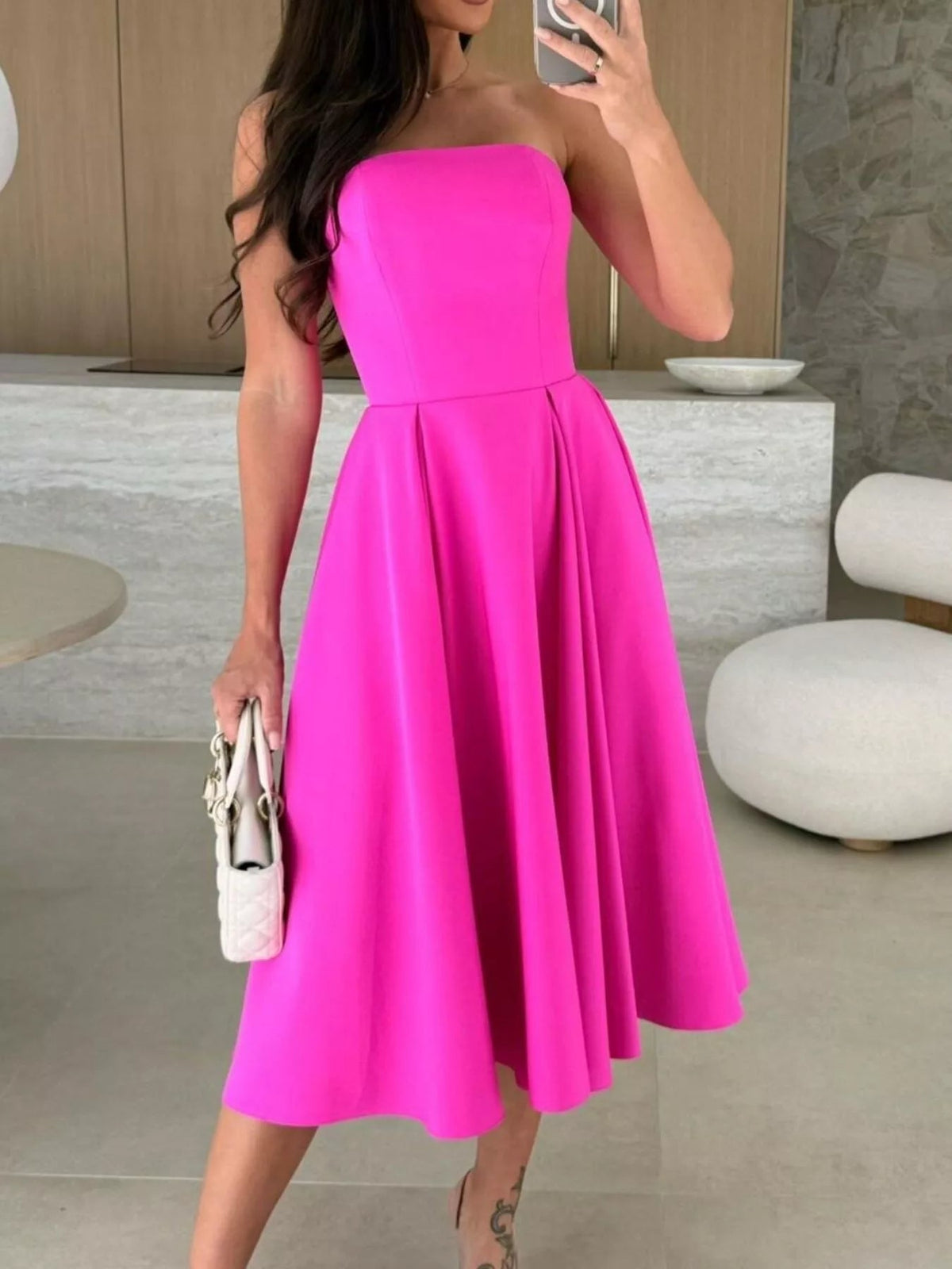 Strapless Ruched A-Line Midi Dress-Dress-Lanamoore